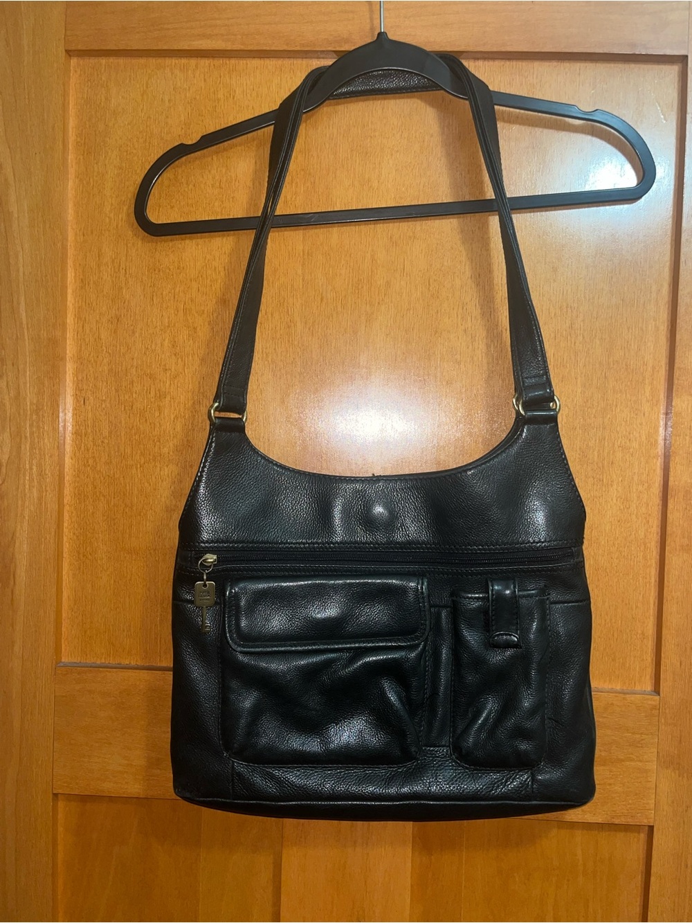 Vintage Fossil classic black Leather Shoulder Bag Organizer Handbag Double Strap